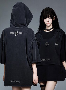 ZCNT逅来者美式做旧设计感假两件结构刺绣短袖男女圆领连帽上衣