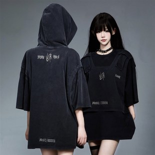 ZCNT逅来者美式做旧设计感假两件结构刺绣短袖男女圆领连帽上衣