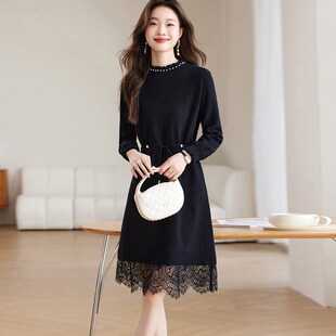 小个子蕾丝边针织连衣裙女秋冬2023新款系带毛衣裙配大衣的打底裙