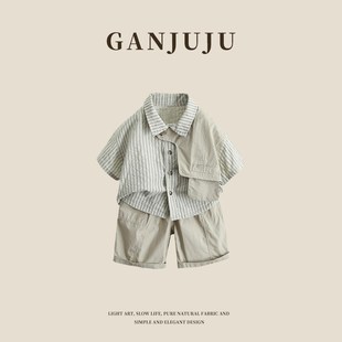 儿童洋气夏季条纹衬衫套装2025新款小童炸街酷帅气衬衣宝宝半袖