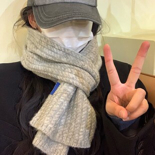 含羊毛韩版灰色围巾女生秋冬季显白针织毛线保暖百搭高级感围脖白