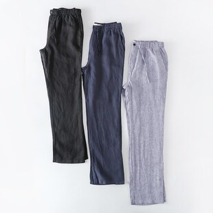 2020年夏季男士亚麻裤子抽带系扣前门襟色织工艺长裤