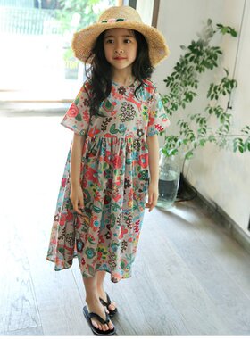 女童洋装2023夏装韩版洋派女大童棉麻中长版小碎花裙子夏薄款潮