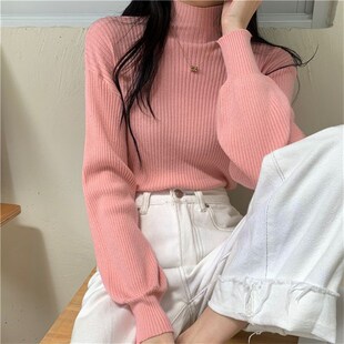 2023秋冬新款打底衫半高领纯色简约百搭灯笼袖韩系风针织毛衣女