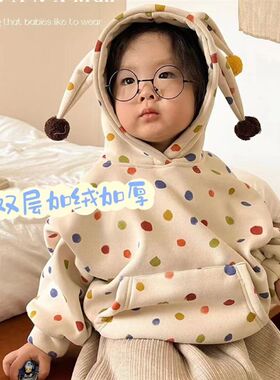 宝宝连帽加绒卫衣外套秋冬婴儿长袖上衣秋冬男女童加厚厚棉T可爱