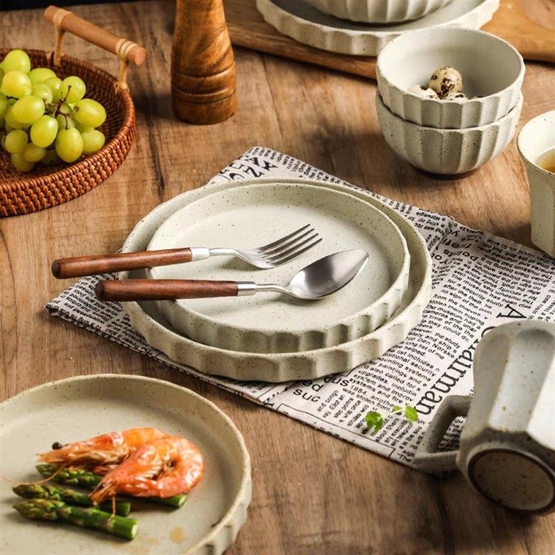 粗陶复古陶瓷餐盘牛排盘西餐盘家用面碗粗陶米饭碗创意咖啡杯碟,餐饮具,盘,淘宝优惠券,粉丝福利购,淘宝优惠卷
