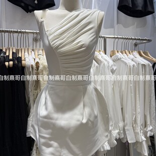 韩系独特别致斜肩压褶上衣花苞半身裙两件套装 气质一整套穿搭夏季