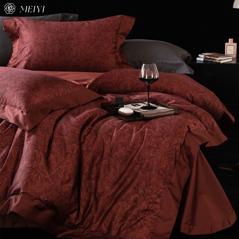 高档大红色床单四件套全棉纯棉被套罩轻奢高级感印花结婚床上用品