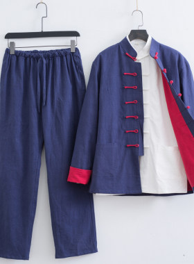 唐装男士秋季长袖套装中国风棉麻中式复古男装中老年亚麻外套汉服