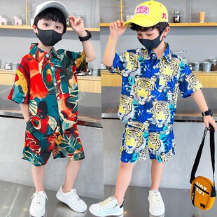 男童花衬衫夏套装2024新款儿童中小童夏季短袖两件套炸街衬衣夏天
