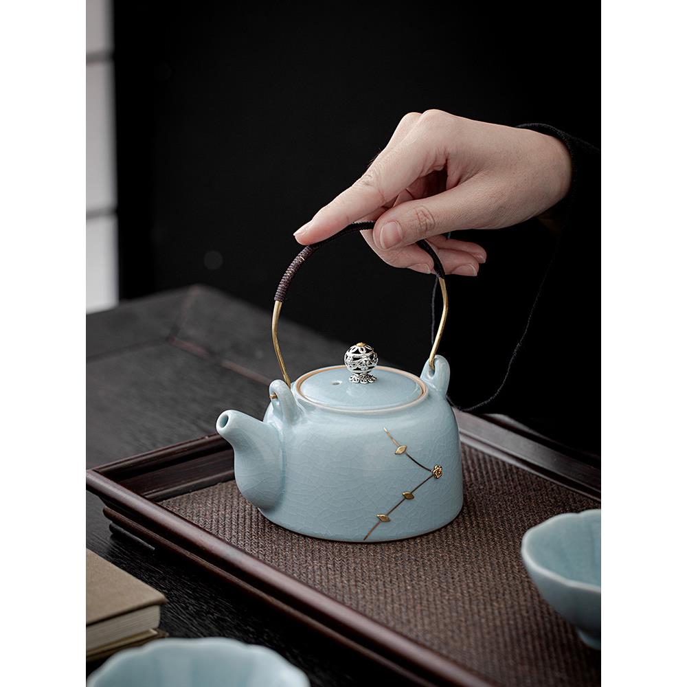 名家作汝窑提梁壶纯手工描金陶瓷茶具泡茶壶汝瓷开片天青高档大号
