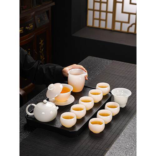 冰种玉瓷茶具璞玉白瓷盖碗茶壶套装泡茶杯轻奢家用陶瓷高档礼盒装