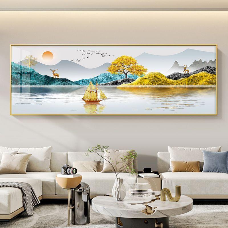 横版客厅装饰画旭日东升沙发背景墙挂画壁画中国风山水画新中式挂