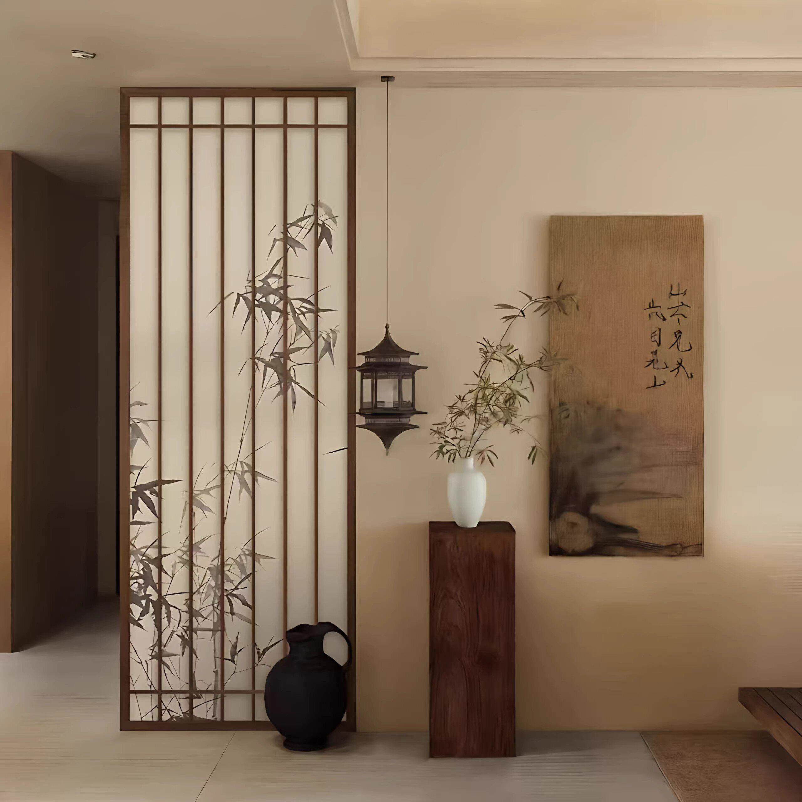 宋式美学屏风隔断餐厅玄关入过道茶室实木座屏新中式复古竹影格栅