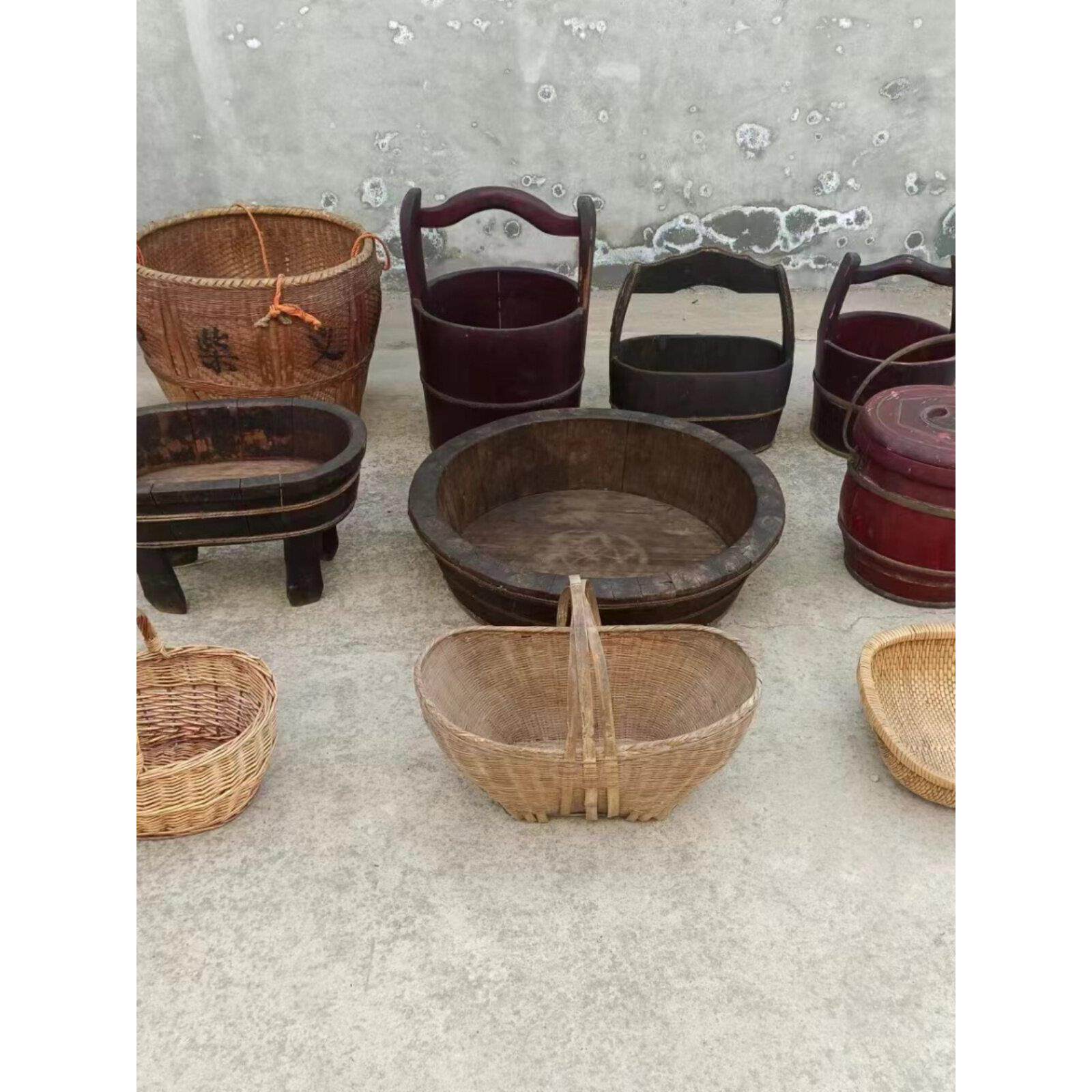 采购产品民间旧物品,水桶,木盆,竹篮,农业文化,旧农具,覆古