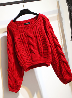 大红色麻花毛衣女k宽松外穿秋冬新款短款套头粗毛线加厚韩版慵懒