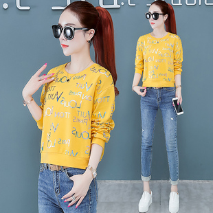 春秋印花套头卫衣女短装2022新款宽松上L衣服春秋小个子纯棉打底