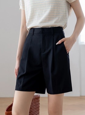 百搭好穿/夏季薄款黑色直筒短裤女韩版高腰微宽松阔W腿西装休闲裤