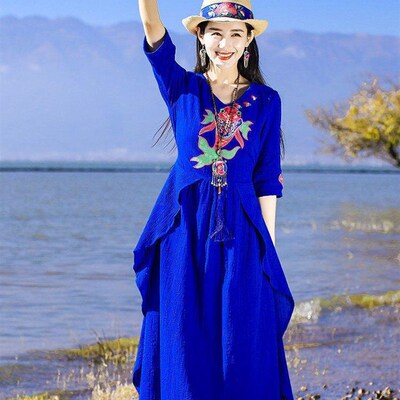 民族风洋装女新疆旅游穿搭旅游拍照好看的裙子R青海草原服装度假