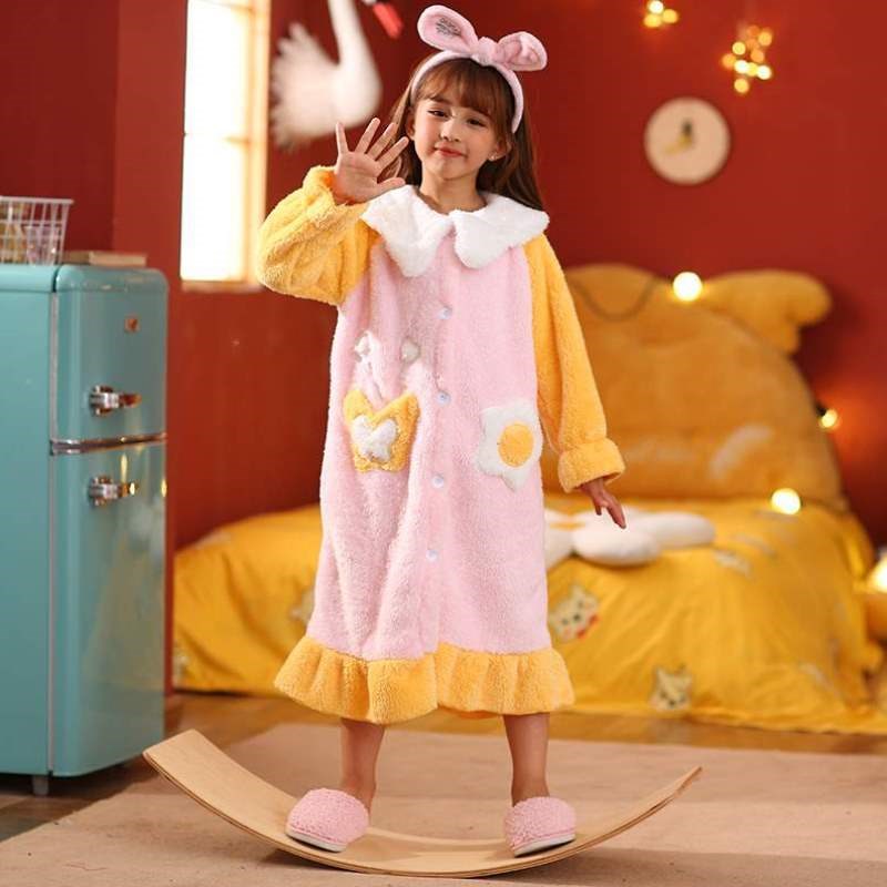 家居服睡衣冬季绒睡袍r男童宝宝浴袍加长女童儿童加厚珊瑚法兰绒