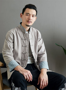 秋季新款唐装滚h边对襟衣苎麻挽袖男式衬衫复古立领休闲居士茶禅