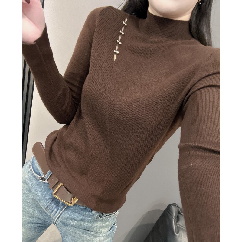 欧货秋冬新款半高领针织衫长袖女气质修身M内搭毛衣打底衫镂空上