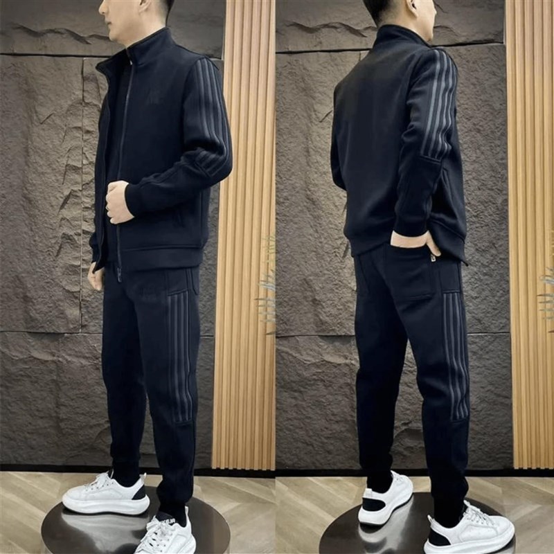 2024秋冬新款男士立q领休闲套装纯色条纹外套时尚休闲裤商务两件