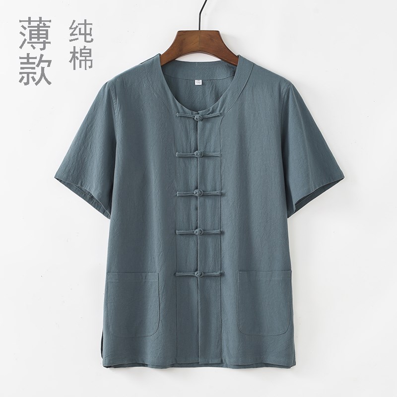 夏季男装半袖中国风棉麻唐装短袖中式复古M汉服上衣薄款纯棉衬衫