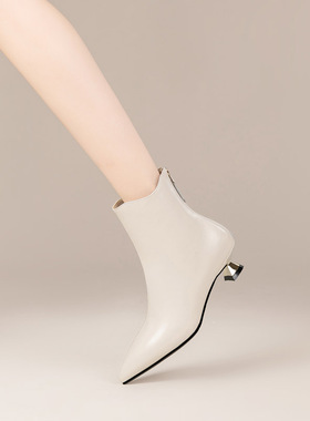 中筒靴女秋冬季新款真皮尖头低跟白色短靴K单靴马丁靴女靴皮靴中