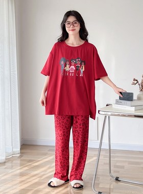 2025春夏新款红色n大码睡衣女胖mm200斤短袖长裤卡通家居服两件套