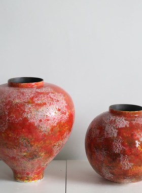 红色圆陶瓷花瓶现代新中式客厅插花摆件样板间民宿U玄关高级感装