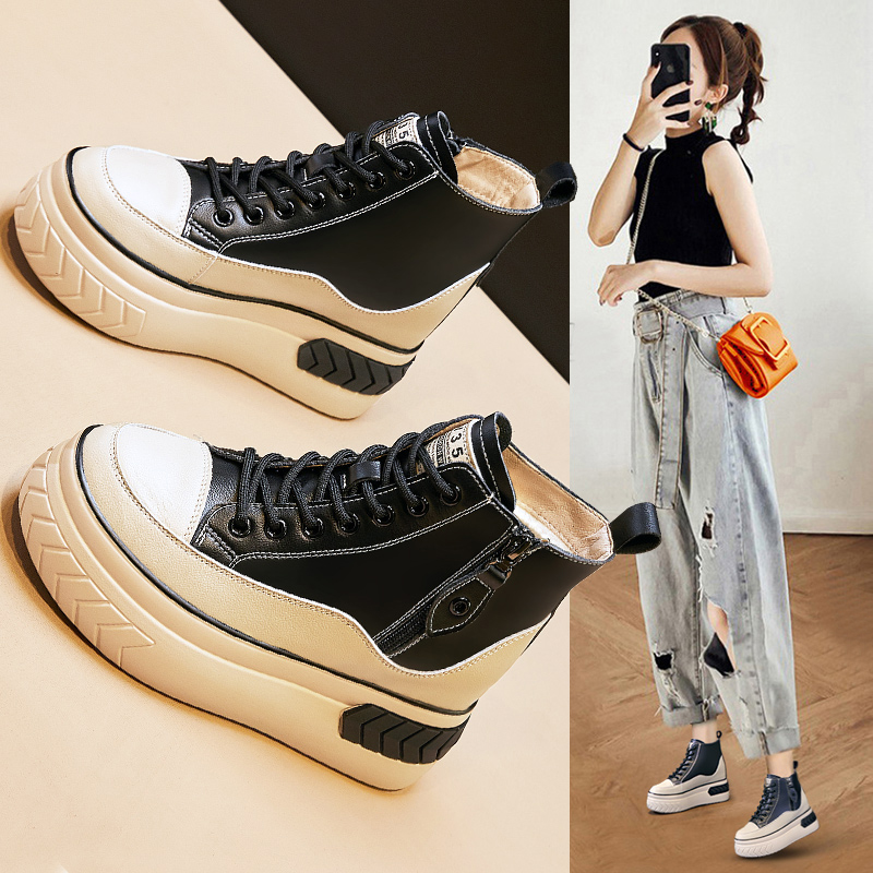 内增高女鞋厚底真皮春天配裙子牛仔裤小脚裤的鞋T子靴子高帮运动