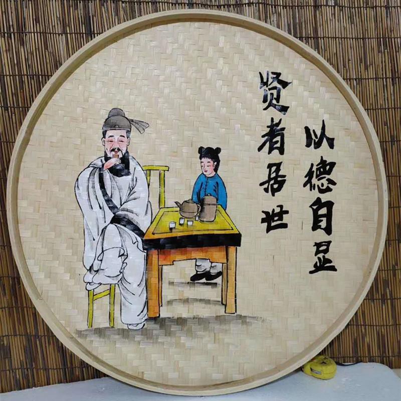 家风家训教室文化背景墙装饰手绘学校墙面幼儿园竹编簸箕古典挂画