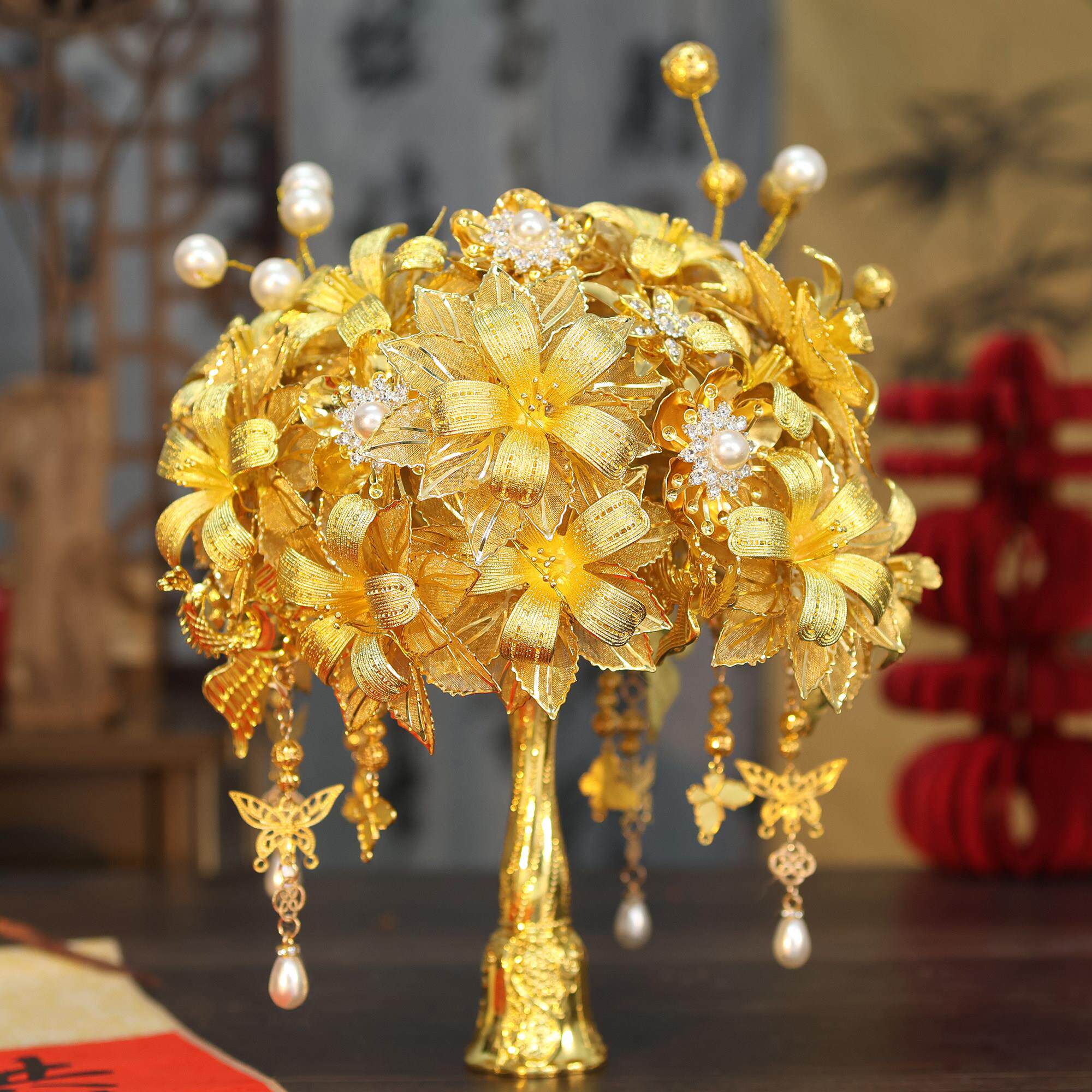 金色百合花新娘手捧花中式婚礼送闺蜜结婚高级礼物DIY材料包成品