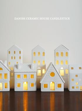 北欧一条街 出口丹麦简约房子造型陶瓷烛台 哑光建筑家居摆件高透