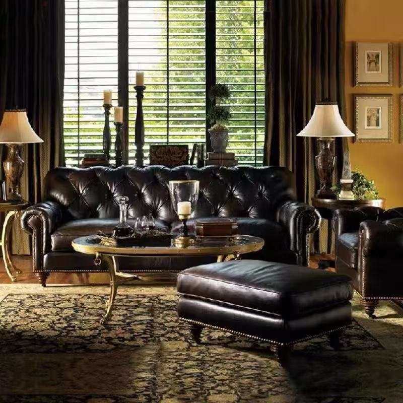 美式复古做旧组合沙发欧式皮艺拉扣客厅样板房酒店酒吧书房接待厅