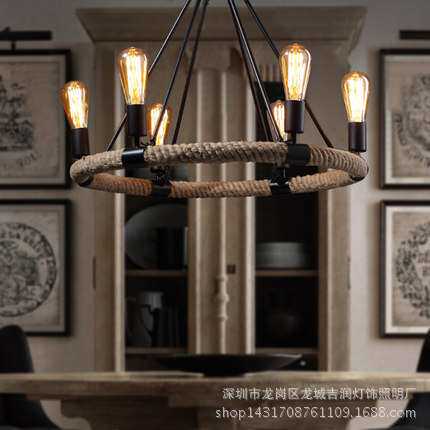 田园美式乡村复古麻绳吊灯创意个性艺术吊灯客厅餐厅饭厅铁艺灯具