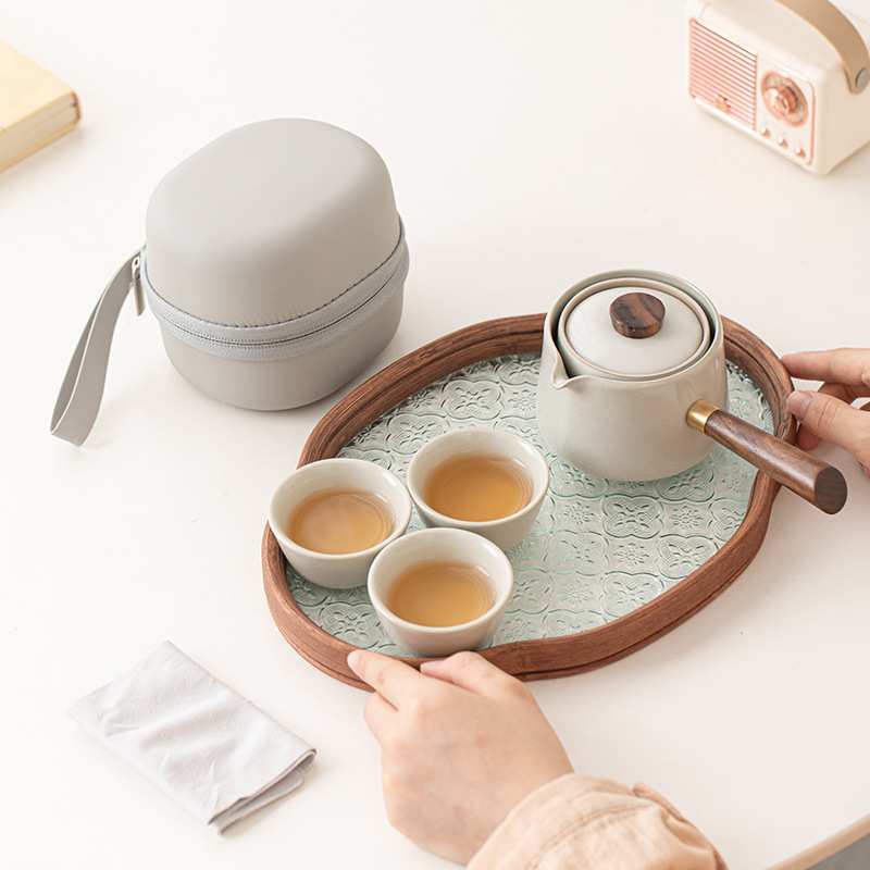 逍遥旅行茶具汝窑陶瓷一壶三杯便携快客杯户外车载泡茶套组带茶盘