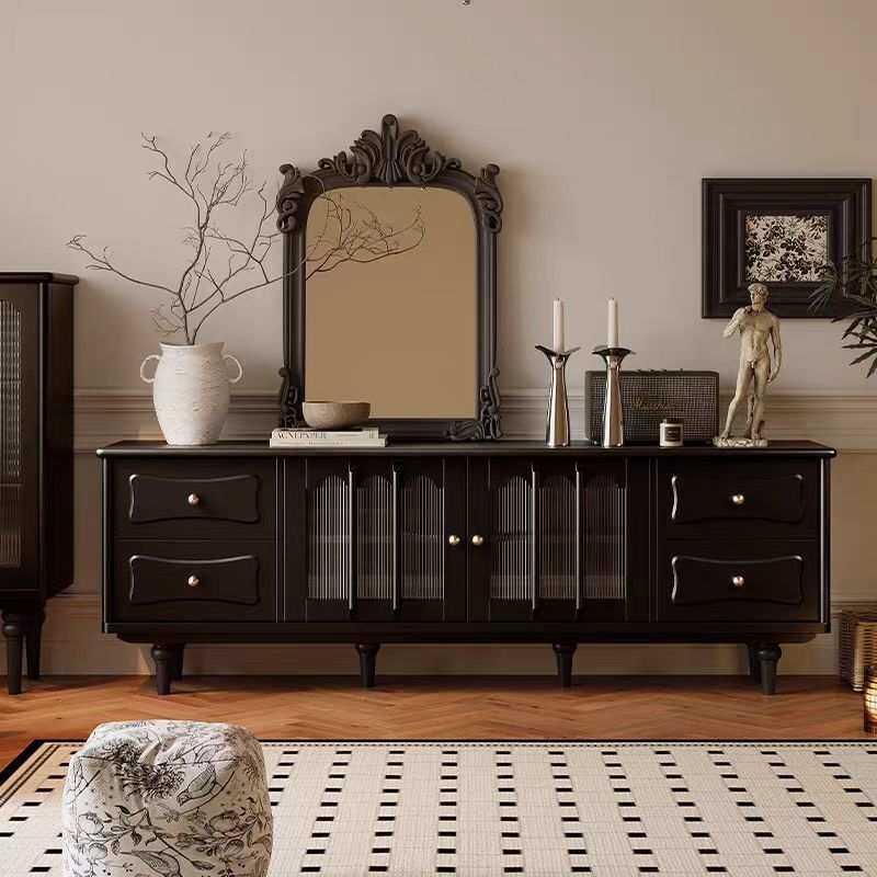 美式复古实木茶几电视柜组合法式黑色中古风家用客厅影视地柜酒柜