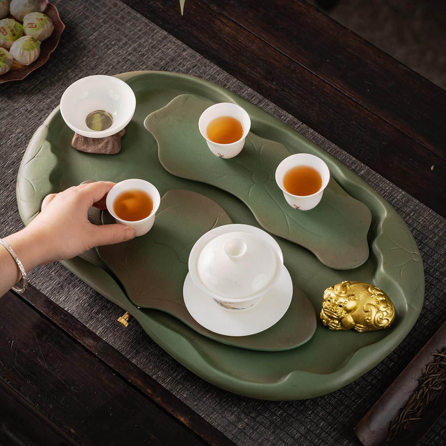 中式金蟾椭圆陶瓷茶盘家用功夫茶具套装迷你干泡盘排水储鎏金双用