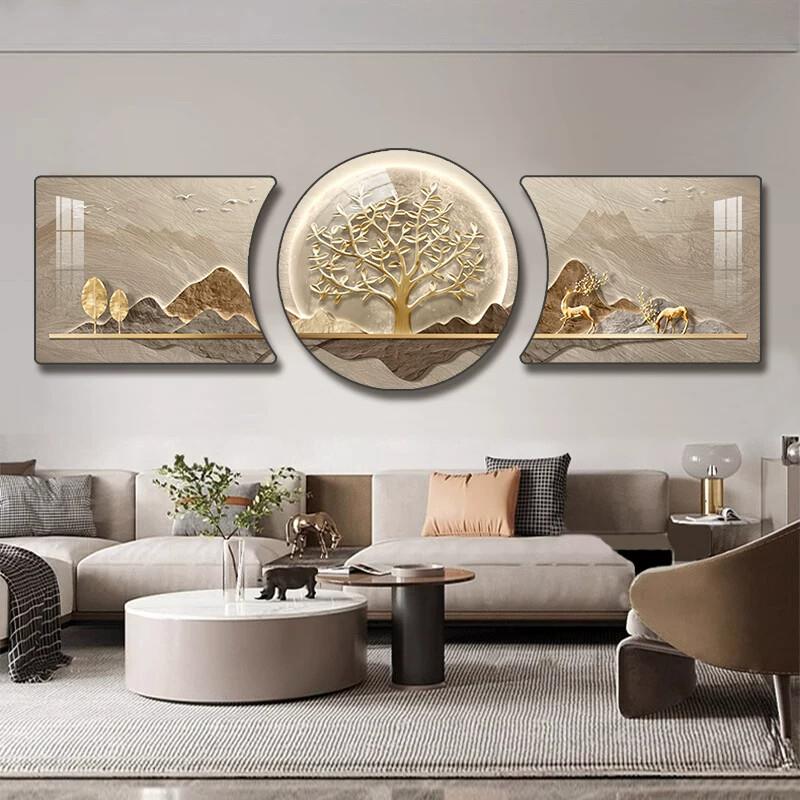 客厅装饰画大气发财树三联挂画西墙简约轻奢现代沙发背景墙后壁画