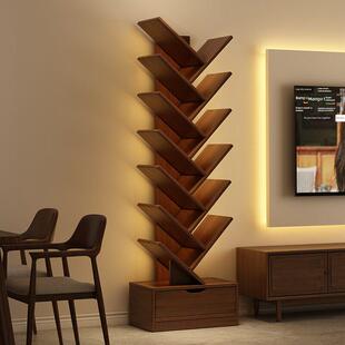 北欧轻奢实木树形小书架落地置物架客厅多层收纳柜不占地方的学生