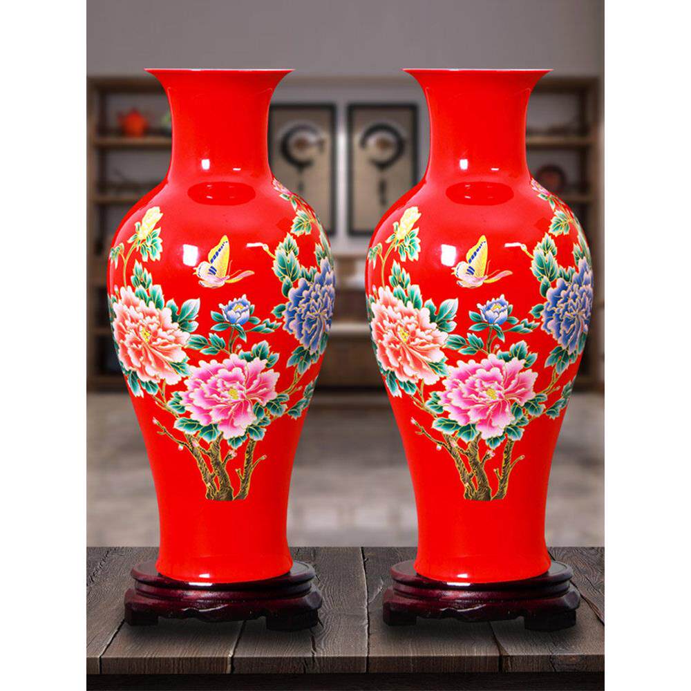 景德镇陶瓷器中国红色富贵竹花瓶插花家居客厅装饰品摆件大号结婚