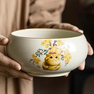米黄汝窑萌猫茶洗家用陶瓷开片办公室水盂洗功夫茶具配件茶道零配