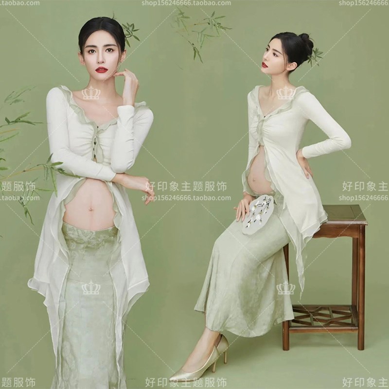 影楼孕妇清新主题新款中式复古修身开衫连衣裙写真孕妈主题摄影服