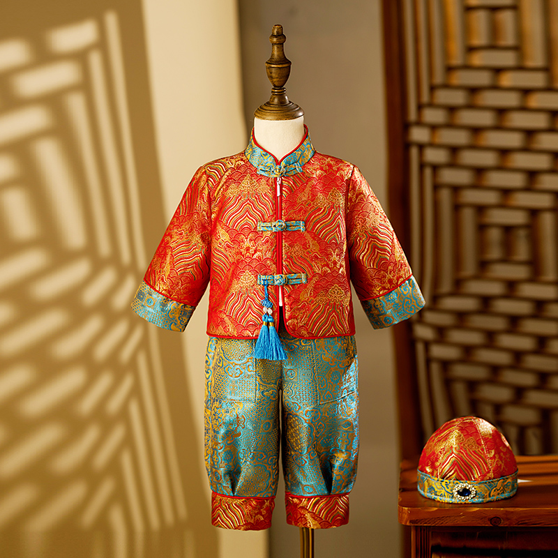 儿童唐装2023新款男宝宝抓周礼服生日宴男宝衣服男童中国风一周岁