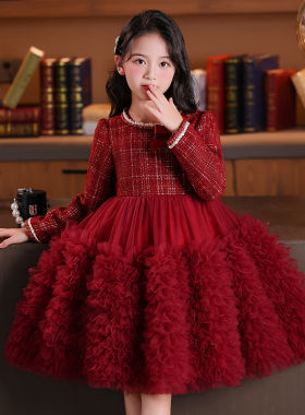 女童红色连衣裙秋冬2024新款洋气小女孩加绒公主裙儿童礼服拜年服