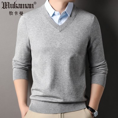 男士秋冬季针织鸡心V领毛衣拼接衬衫领假两件爸爸内搭上衣打底衫