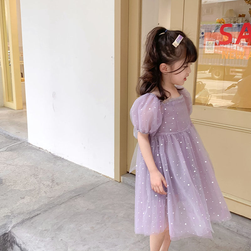 女童泡泡袖网纱裙连衣裙2022夏季儿童紫色公O主仙女裙子洋气蓬蓬