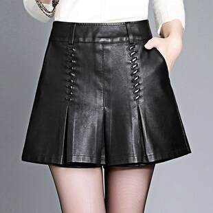 前裙后裤2024高腰韩版PU阔腿皮短裤裙裤显瘦靴裤大码女秋冬皮裤裙